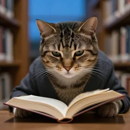 portrait photography of an intellectual cat studying in a library, stressed, sadly reading, concentrated reading a book, evening hour, blue hour, face shot, highly detailed clothing, trending on facebook.