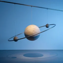 a kinetic sculpture of equilibrium. solar system hanging from horizontal rods, blue room