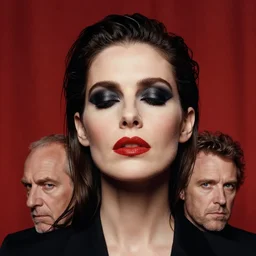 an 8 0 s portrait of a woman with dark eye - shadow and red lips with dark slicked back hair dreaming acid - fueled hallucinations by serge lutens, rolf armstrong, delphin enjolras, peter elson, red cloth background