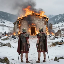 contemplative roman soldiers in front of the burning ruins of a house in a snow covered valley, beautiful lighting, artistic composition, sharp