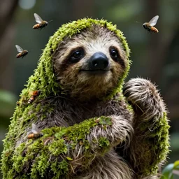 Portrait of a sloth coated in green moss with moths buzzing around, ultra high definition, unreal engine, very detailed