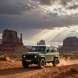 A vintage Land Rover Defender drives within a dramatic vista in monument valley, cinemstic sky and light