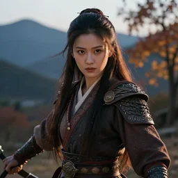 close - up of gorgeous warrior princess in a battle scene, open long hair, intricately decorated clothing, natural pose, mountains on the background, autumn tree on the right, backlight, dusk, shallow depth of field, highly detailed matte painting, rule of thirds, karole bak, hasui kawase, mohrbacher,