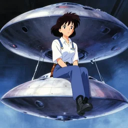 a film still of a 1 9 5 0's mechanic anime girl sitting on top of flying ufo landing in hangar of giant ufo spaceship, sharp face focus,, perfect art, trending on pixiv fanbox, painted by gaston bussiere, makoto shinkai, akihiko yoshida, gaston bussiere, craig mullins