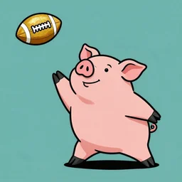 lisa frank dashing pig wearing a simple gold throwing a football in the style of peter max