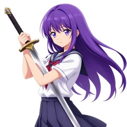 a girl holding a sword, anime, corrupted image file, purple