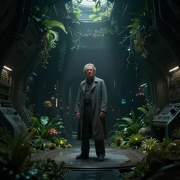liam neeson as qui - gon jinn, alone, in an empty dark flooded spaceship interior, overgrown with aquatic plants