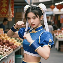 young bai ling as chun - li from street fighter in a chinese market