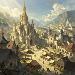 a medieval city with temple, market, palace, tavern, beautiful, detailed, temple, market, palace, tavern, concept art illustration, color page, tone mapping, akihiko yoshida, james jean, andrei riabovitchev, marc simonetti, digital illustration, greg rutowski, volumetric lighting, sunbeams, particles