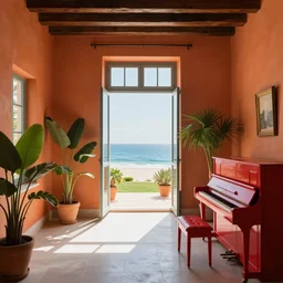 a room of a villa with orange walls white floor plants, red piano, a big window with a view of the beach and sea, beautiful cinematic masterpiece very detailed
