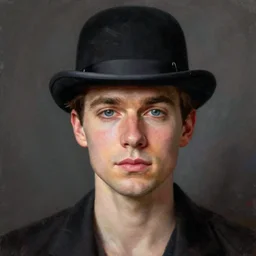 portrait painting, front facing, man in bowler hat, gertrude abercrombie, kate spade