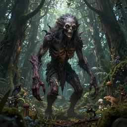highly detailed creepy creature in the forest, stephen bliss, unreal engine, fantasy art by greg rutkowski, loish, rhads, ferdinand knab, makoto shinkai and lois van baarle, ilya kuvshinov, rossdraws, tom bagshaw, global illumination, radiant light, detailed and intricate environment