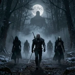 the wild hunt, ghost riders, spectral skeletal shadowy creatures, full moon, lurking enchanted woods, blizzard, fog, treacherous road, uneasy atmosphere, cinematic, the witcher, arnold gpu + octane workflow, 8 k, unreal 5, realistic, intricate digital art, volumetric lighting, trending artstation, dark fantasy