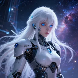 photo of a android girl on a mothership, warframe armor, beautiful face!, scifi, nebula, futuristic background, galaxy, raytracing, dreamy, focused, sparks of light, attractive, long white hair!!, blue cyborg eyes, glowing, 8 k high definition, insanely detailed, intricate, innocent, art by akihiko yoshida, antilous chao, woo kim