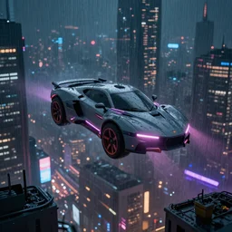 Futuristic city at night with rain, Cyberpunk style. Flying car, Neon lights, Matte paiting 3d rendering. cinematic lighting, octane render, corona render, 8k