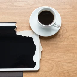 stock photo. coffee and tablet on a wooden table. top view.