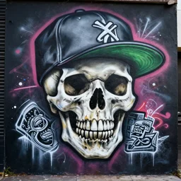 a spraypainted mural of a skull with a baseball cap, in the style of 8 0 s hiphop, intricate, high detail, artstation, dark color scheme