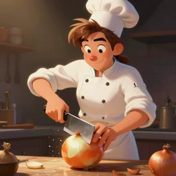 a cartoon of a large onion chopping a chef with a cleaver