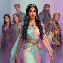 dynamic medium shot painted portrait, maya ali as celtic sorceress, gaudy pastel colours, octane render, unreal engine, matte painting concept art, fanart artstation by jesper ejsing and rhads and lois van baarle and ilya kuvshinov and rossdraws