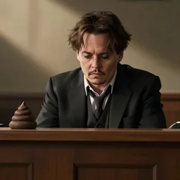 Johnny Depp sad in court next to poop anime style