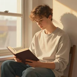portrait of an alternative teen in loose clothes sitting next to a window reading a book, focused expression, golden hour, professional illustration, art by Kenne Gregoire, trending on artstation