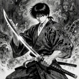 highly detailed picture of samurai with a katana!! by kentaro miura!, cinematic, romantic, magical, fantasy, manga, masterpiece, from the book by gene wolfe, highly detailed painting by gustave dore, black and white