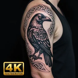 photograph of a sleeve tattoo, black ink, intricate celtic pattern in the shape of a raven, highly - detailed, beautiful, award winning, 8 k,
