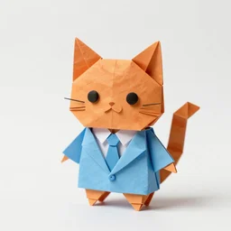 origami of a ginger orange cat wearint a light blue suit