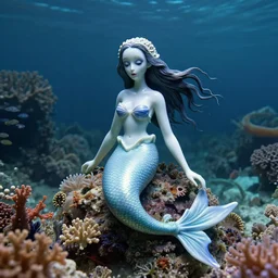 cinematic, hyperrealistic, porcelain mermaid by tim burton and wes anderson, in the ocean, subtle colours, lots of detail, coral reef, sea anemones