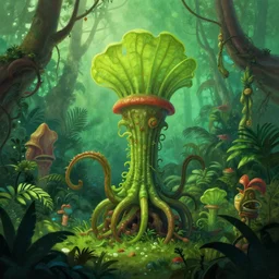 a marc simonetti fantasy  illustration of a carnivorous plant in a lush tropical forest