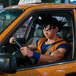 goku as a taxi driver with steering wheel in his hands looking at you from the car, shot from professional camera, ultra realistic, rim light, rainy weather, vivid lights night time