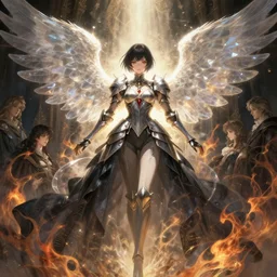 angel knight, gothic girl, complex, centered, amazing composition by amano yoshitaka, rembrandt, famous makinami, digital art, digital painting, artstation trends, unreal engine, fractal flame, transparent wings, beautiful light and shadows, glow, complex, elegant, abundance, concept art, digital painting