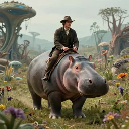 sharp, highly detailed, film from a 2 0 1 9 sci fi 8 k movie, set in 1 8 6 0, of a man riding on the back of an alien hippo, across an alien landscape that is full of strange wild alien plants and flowers, 1 8 5 0 s era clothes, atmospheric lighting, in focus, reflective eyes, 3 5 mm macro lens, live action, nice composition