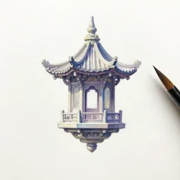 paint brush strokes on watercolor paper, oil pastel painting of a hovering small miniature shrine, ancient, enchanted, iridescent and ethereal in a starlit landscape at night, cinematic light, centered perspective, in the style of noriyoshi ohrai
