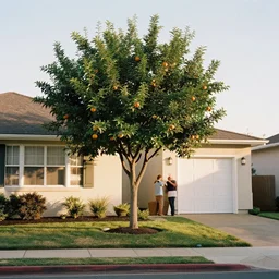 an orange tree outside a suburban home in the style of photographers willem verbeeck and Kyle McDougall, complimentary colors, filmic, golden hour