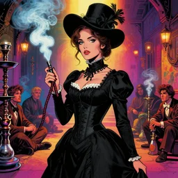 a woman wearing a long black victorian dress corset hat, brown hair, in a victorian opium den, bright colorful smoke, hookah smoking people sat on floor, psychedelic vibe, sharp closeup finely detailed face features, comic book art by neal adams, steve ditko, jack kirby, dave mckean, joe benitez, roc upchurch