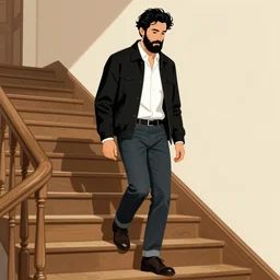 a man with black hair and beard, wearing a black jacket, white shirt and jeans, walking up a wooden staircase, sharp focus, illustration, art by greg rutkowski and alphonse mucha