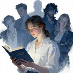 concept art of fitzchevalry reading the book les antiseches du bonheur of jonathan lehmann, nighteyes is looking warmly over his shoulders, by aenaluck, artgerm and roberto ferri and greg rutkowski, blue and white tones, digital painting, artstation, concept art, smooth, sharp foccus ilustration hq