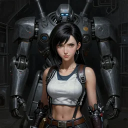 Portrait of Tifa Lockhart by Greg Rutkowski. She is hiding from a Shinra robot in the Reactor Core by Mark Arian. It is dark and stark and industrial by H.R. Giger. soft render, octane, highly detailed painting by Moebius. artstation Blank Canvas Scene by Tetsuya Nomura.