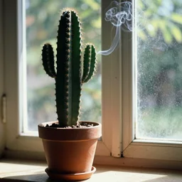 1980s magazine photo of potted cactus and smoke next to a window with dappled natural light