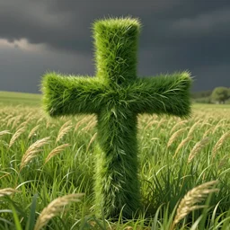 man made of grass crosses a field of swaying blades