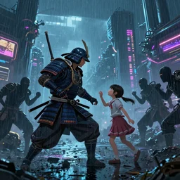 illustration of a samurai  protecting his daughter from assassins, rainy night, neon glow concept art, sharp focus, cyberpunk 2077, steam punk, scifi, octane render, art by Ilya Kuvshinov, wallpaper, highly detailed, anime key visual, cold colors, epic landscape, HD digital art, artstation