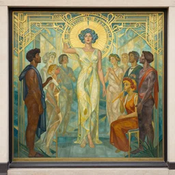a beautifully hopeful art deco mural about the good in society by aaron douglas and rockwell kent, photo realistic, octane rendered
