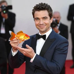 brian limond on the red carpet, holding a goldfish, realistic, cinematic shot, photorealistic, depth of field
