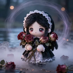cute fumo plush of a gothic maiden girl clutching lots of decayed roses, stale twilight, swirling vortices of emissive smoke and volumetric fog over the river, bokeh, vignette, vray