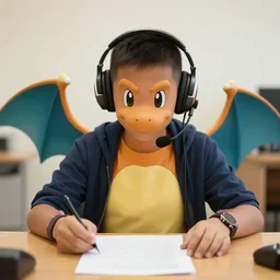 dragonair wearing a headset at a table with paper in front of them by rosko
