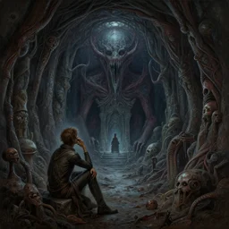 beholder from dungeons & dragons ponders it's next victim in a dank catacomb, cosmic horror painting, elegant intricate digital painting artstation concept art by mark brooks and brad kunkle detailed