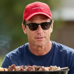a photograph of a young arnold schwarzenegger with wayfarer glasses and red baseball cap having a barbecue, by floro dery, shoji kawamori, and greg rutkowski, artstation, concept art, high quality illustration, mtmte, cover art