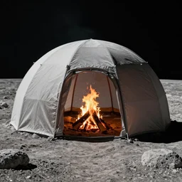 a campfire inside of a large dome on the surface of the moon
