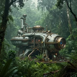 an exterior of a large futuristic steampunk science building in the middle of a very thick rainforest, by dylan cole and federico pelat, cinematic dappled lighting, ultra wide angle, hyper detailed